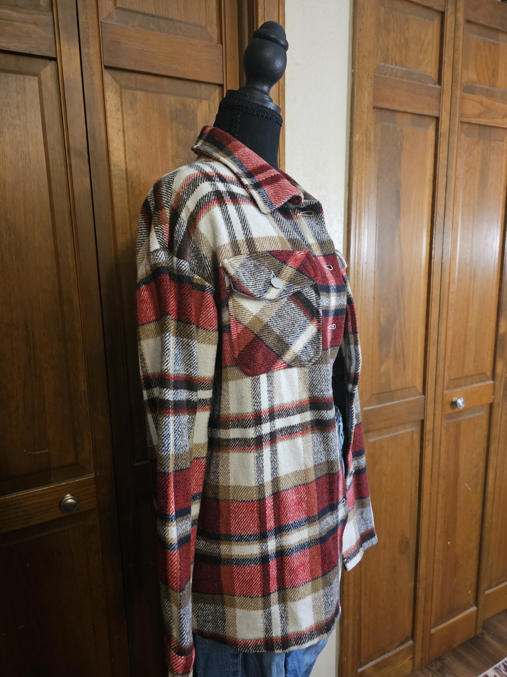 Red Cream Plaid Button-Up Shacket - Picture 2 of 4